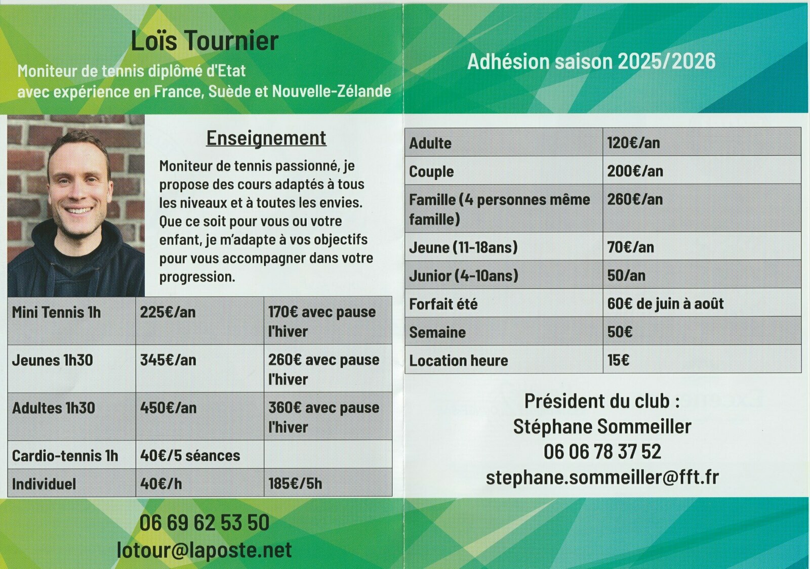 Les tarifs et coordonnées du club 