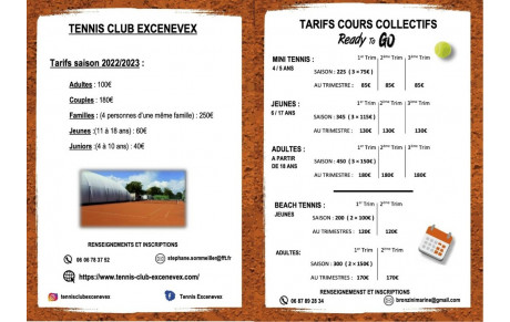 tarifs adhésion et cours école de tennis