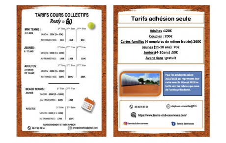 tarifs et rentrée école de tennis